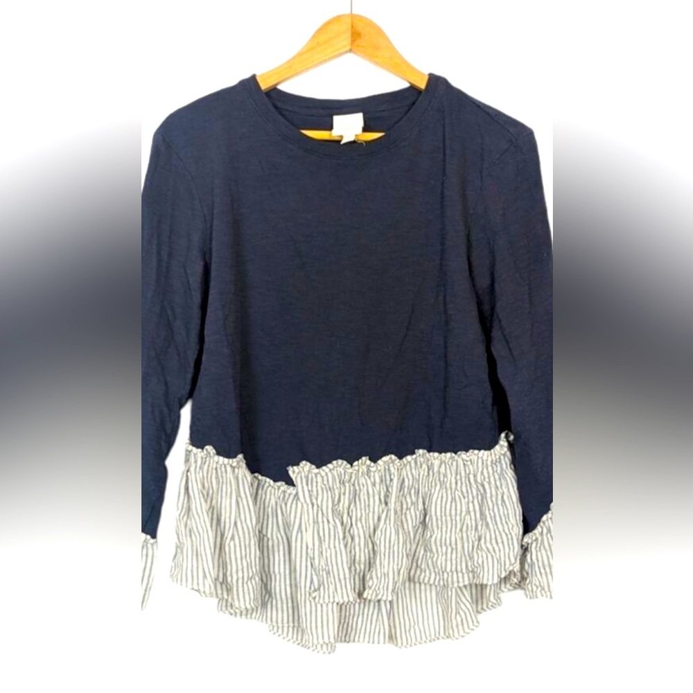 Cinq à Sept Navy White Stripe Ruffle Hem Kenny Top